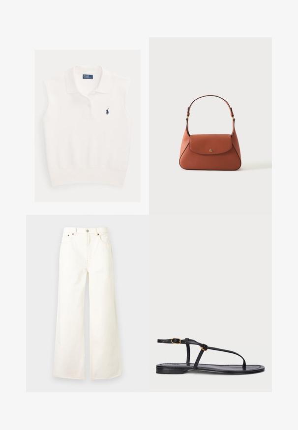 Weißes ärmelloses Poloshirt mit Kragen, zwei Knöpfen und marineblauem Ralph Lauren Polo-Spieler-Logo auf der linken Brustseite.; Weiße High-Waist-Jeans mit weitem Bein, vorderer Knopfleiste und Reißverschluss, Fünf-Taschen-Design und Kupfernieten-Details.; Schwarze flache Sandale mit minimalistischem Design. Sie verfügt über dünne Riemen, einen Zehensteg, goldene Akzente und eine glatte, strukturierte Sohle.; Braune Lederschultertasche mit strukturierter Form, Klappverschluss, verstellbarem Riemen und kleinem goldfarbenem "RL"-Logo vorne.