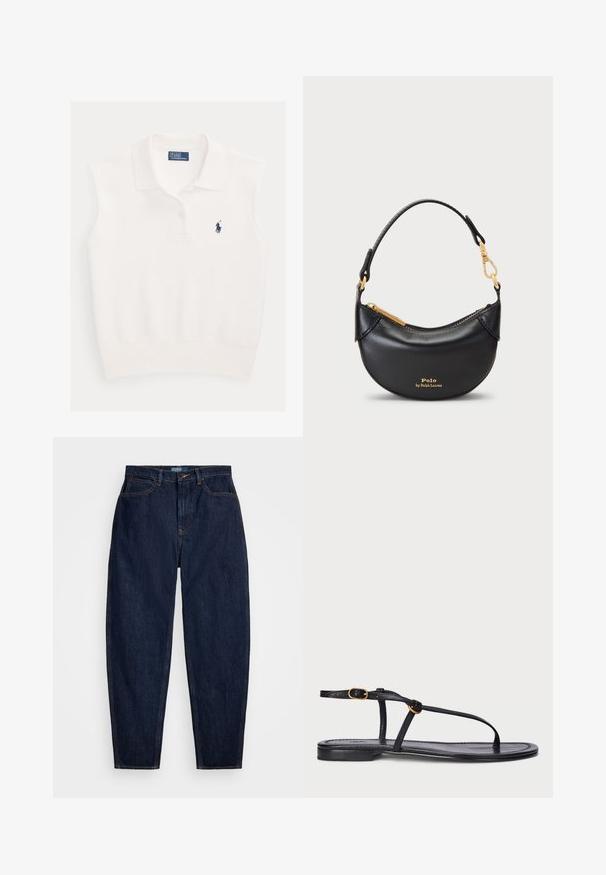 Polo blanco sin mangas con cuello, dos botones y logo del jugador de polo Ralph Lauren en azul marino en el pecho izquierdo.; Vaqueros de denim azul oscuro con un corte recto, que presentan costuras naranjas, un cierre frontal con botón y cinco bolsillos.; Sandalia plana negra con un diseño minimalista. Presenta tiras delgadas, un separador de dedos, acentos de hardware dorado y una suela suave y texturizada.; Bolso de mano de cuero negro con una silueta curvada, cremallera de metal y un asa corta. Cuenta con herrajes dorados y un logo grabado en la parte frontal.