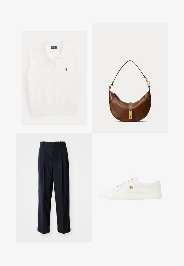 Wit mouwloos poloshirt met kraag, twee knopen en marineblauw Ralph Lauren polo-spelerlogo op de linkerborst.; Marineblauwe, high-waisted broeken van soepel stof. Kenmerkt zich door een geplooid ontwerp en omgeslagen manchetten voor een kantoorklaar uiterlijk.; Lauren Ralph Lauren JANSON II CANVAS SNEAKER - Sneakers laag - optic white; Bruine leren handtas in halve maanvorm met een enkele band en een gouden rechthoekig label met een paardenlogo.