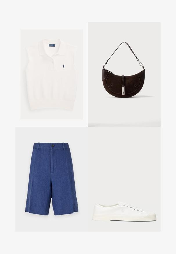 Weißes ärmelloses Poloshirt mit Kragen, zwei Knöpfen und marineblauem Ralph Lauren Polo-Spieler-Logo auf der linken Brustseite.; Blaue Leinen-Shorts mit flachem Frontschnitt, Knopfverschluss und zwei Seitentaschen. Sie verfügen über eine lockere Passform und eine glatte Textur.; Weiße Leinensneaker mit runder Zehenpartie, Schnürverschluss und dezentem Logodetail. Verfügt über ein strukturiertes Gewebe und eine Gummisohle.; Dunkelbraune halbmondförmige Wildlederhandtasche mit geflochtenem Besatz, Lederriemen und einem silbernen Verschluss mit kleinem Pferdelogo.