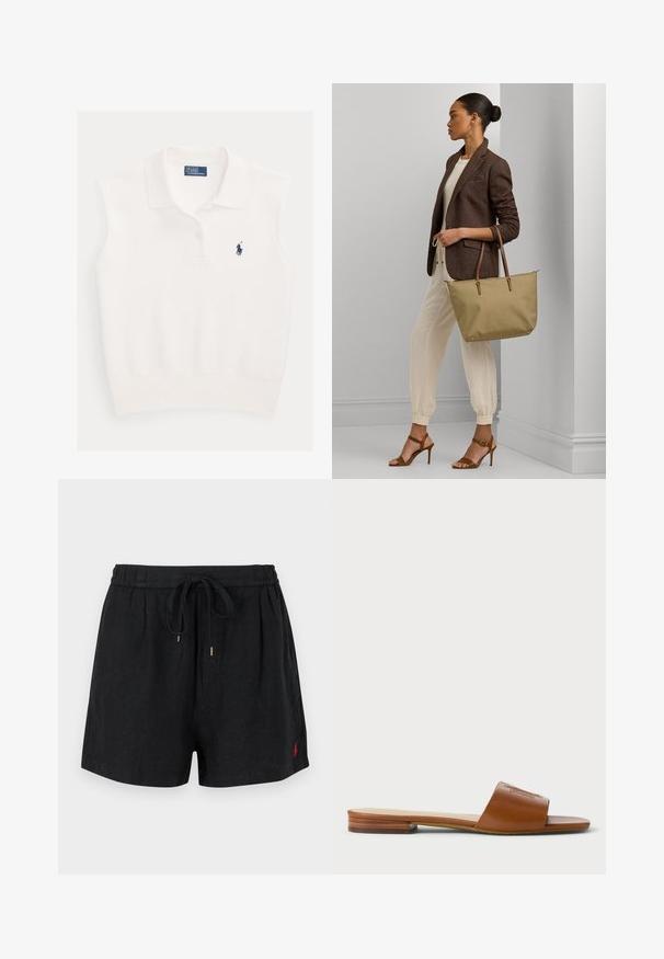 Polo blanc sans manches avec col, deux boutons, et logo joueur de polo Ralph Lauren bleu marine sur la poitrine gauche.; Shorts noirs décontractés avec taille élastique et cordon, avec un petit logo rouge brodé sur le bas à gauche.; Chausson en cuir tan avec une large bride et des détails en relief, semelle plate avec un léger accent en bois au talon, design minimaliste.; Femme portant un blazer marron et un pantalon blanc, tenant un grand sac fourre-tout beige, debout dans un environnement intérieur neutre.