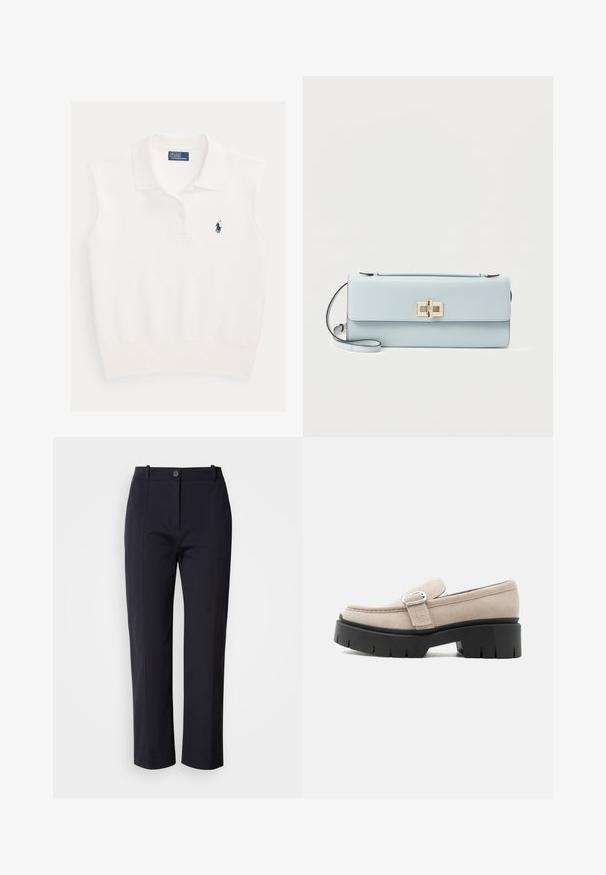 Weißes ärmelloses Poloshirt mit Kragen, zwei Knöpfen und marineblauem Ralph Lauren Polo-Spieler-Logo auf der linken Brustseite.; Marineblaue Hose mit geradem Schnitt, aus glattem Stoff gefertigt. Sie verfügt über Fronttaschen und einen Knopfverschluss an der Taille.; Beiger Wildleder-Slipper mit silberner Schnalle und dicker schwarzer Profilsohle, Seitenansicht vor weißem Hintergrund.; Hellblaues rechteckiges Leder-Clutch mit einem goldfarbenen rechteckigen Drehverschluss und einem dünnen Handgelenksriemen vor weißem Hintergrund.