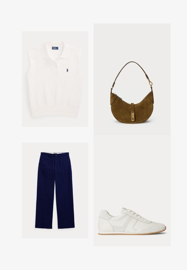 Polo blanco sin mangas con cuello, dos botones y logo del jugador de polo Ralph Lauren en azul marino en el pecho izquierdo.; Pantalones azul marino de corte recto con trabillas para cinturón, cierre frontal con botones y bolsillos laterales sobre fondo blanco.; Zapatilla blanca de corte bajo con cordones en la parte frontal, paneles de ante y cuero, y una suela de goma marrón claro sobre un fondo blanco.; Bolso de ante marrón con forma curva, hardware dorado y cierre de cremallera. Cuenta con una correa para el hombro corta y ajustable.