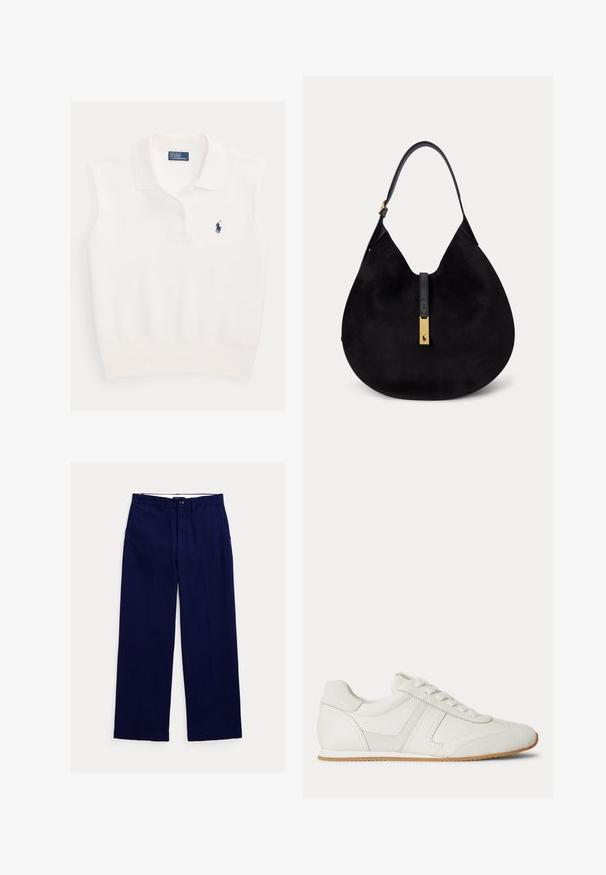 Polo blanco sin mangas con cuello, dos botones y logo del jugador de polo Ralph Lauren en azul marino en el pecho izquierdo.; Pantalones azul marino de corte recto con trabillas para cinturón, cierre frontal con botones y bolsillos laterales sobre fondo blanco.; Zapatilla blanca de corte bajo con cordones en la parte frontal, paneles de ante y cuero, y una suela de goma marrón claro sobre un fondo blanco.; Bolso de mano de ante negro en forma de media luna con una sola correa y cierre rectangular dorado con un pequeño logo en relieve en el centro.