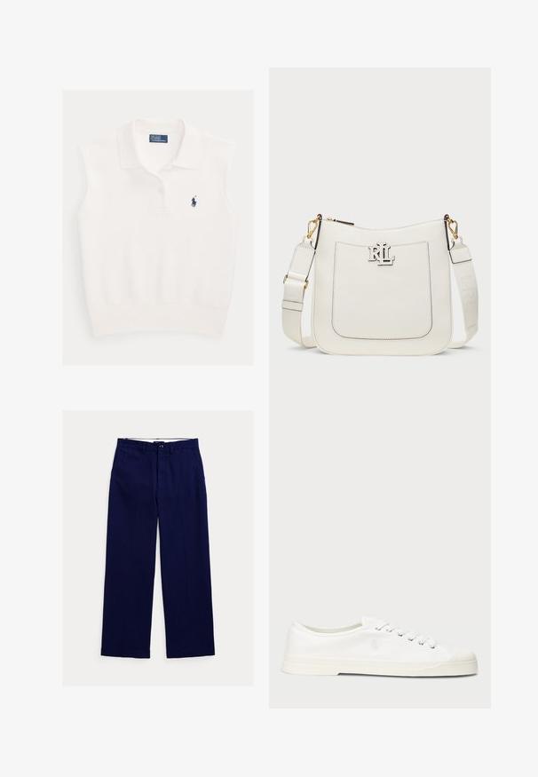 Wit mouwloos poloshirt met kraag, twee knopen en marineblauw Ralph Lauren polo-spelerlogo op de linkerborst.; Marineblauwe rechte broek met riemlussen, knoopsluiting aan de voorkant en zijzakken op een witte achtergrond.; Witte canvas sneaker met een ronde neus, vetersluiting en subtiele logo-detail. Voorzien van een gemêleerde stof en rubberen zool.; Witte leren schoudertas met een gladde textuur, voorzien van een voorvak, goudkleurige hardware en een verstelbare band met merklogo.