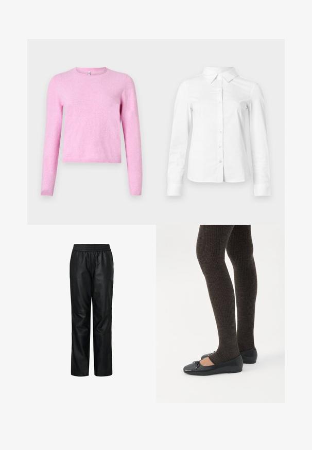 Lyserød langærmet sweater i blødt, let strik. Har rund halsudskæring og ribbet kant. Enkel design uden mønstre eller pynt.; Hvid skjorte med lange ærmer, knapper, spids krave, lige kant og tætsiddende silhuet, vist på en ensartet lys baggrund.; Sorte læderbukser med elastisk talje, struktureret design, brede ben, glat tekstur samt synlige sømme og paneldetaljer.; Ben iført mørke ribbede leggings kombineret med sorte balletsko med små sløjfedetaljer på hvid baggrund.