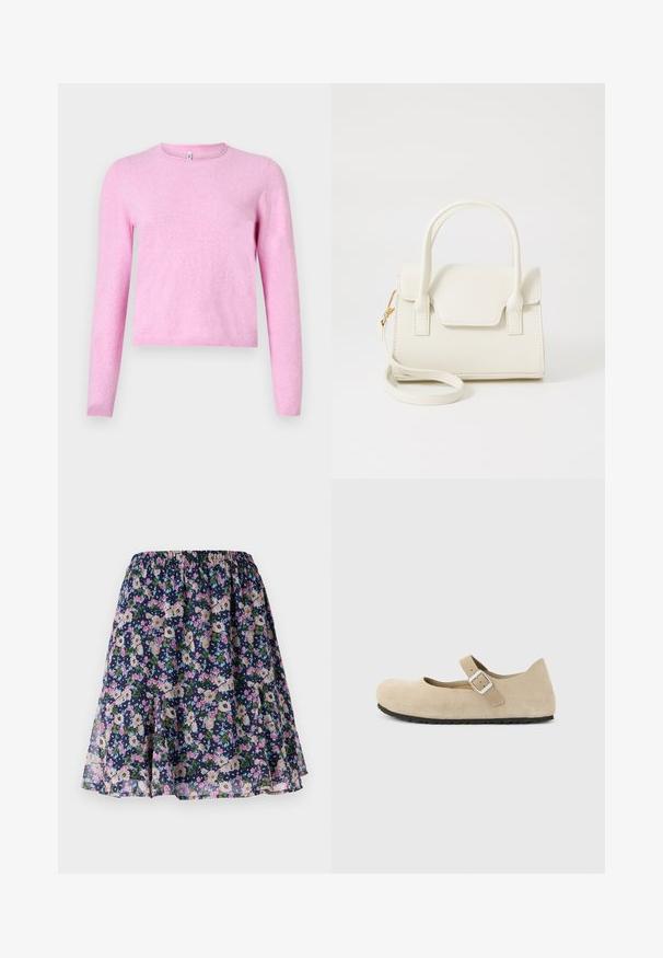 Lyserød langærmet sweater i blødt, let strik. Har rund halsudskæring og ribbet kant. Enkel design uden mønstre eller pynt.; Blomsterkjole med elastisk talje. Har en mørk navy baggrund med pink, hvide og grønne blomstermønstre. Let og svalende stof.; Beige ruskinds Mary Jane-sko med rundet tå, enkelt rem, sølvspænde og sort tekstureret sål, vist fra siden på en lys baggrund.; Lille hvid håndtaske med dobbelte håndtag, frontklap og aftagelig skulderrem med guldlås på hvid baggrund.