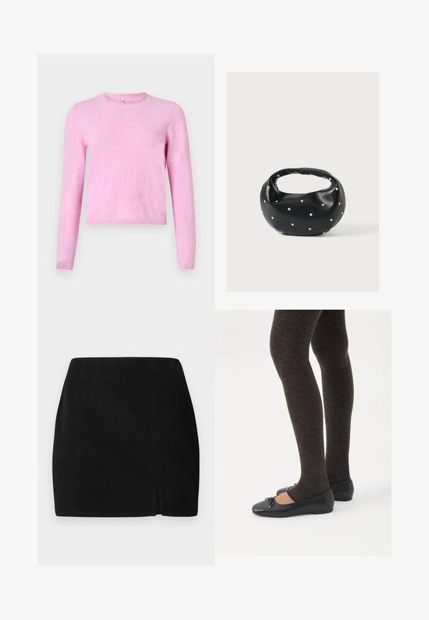 Pull rose à manches longues en maille douce et légère. Comprend un col rond et un ourlet côtelé. Design simple sans motifs ni ornements.; Jupe en velours côtelé noir avec une coupe droite, une petite fente sur le devant et un tissu texturé. Pas de détails ou de matériel visibles.; Jambes portant des leggings côtelés foncés associés à des ballerines noires avec de petits détails en nœud sur fond blanc.; Sac à main en cuir noir de forme arrondie, décoré de clous argentés et équipé d'une poignée courte. Texture lisse et fermeture éclair.