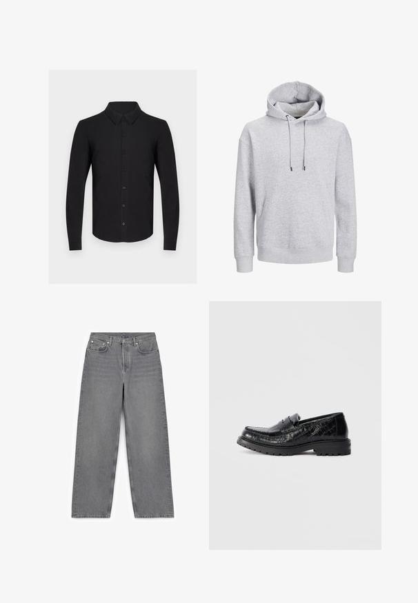 Hoodie en coton gris avec une grande poche avant, cordons de serrage, et poignets et ourlet côtelés. Présente une coupe décontractée et une texture douce.; Chemise noire à manches longues en tissu doux, avec un devant boutonné, un col classique et des poignets boutonnés. Texture lisse sans motifs.; Jean gris à taille large en denim, avec un design classique à cinq poches, fermeture à bouton métallique et détails de couture discrets.; Mocassin en cuir texturé crocodile noir avec semelle épaisse et bandeau sur le dessus, vue de côté, isolé sur fond gris clair.