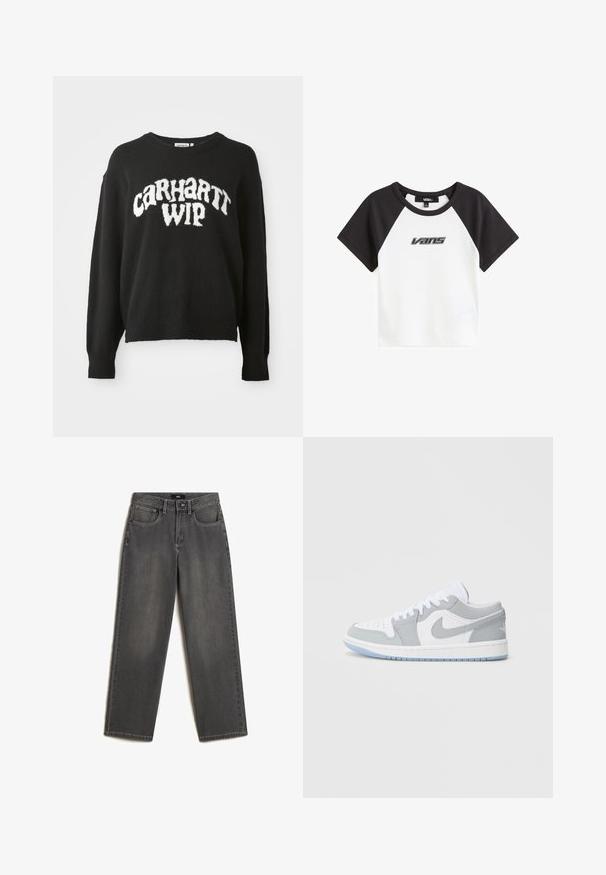 Suéter negro de punto con un ajuste relajado, cuello redondo y logotipo blanco "CARHARTT WIP" en la parte delantera. Textura suave, mangas largas.; Camiseta blanca con mangas raglán negras y un logo de Vans negro impreso en la parte delantera. Tiene un cuello redondo y un diseño corto.; Jeans de pierna ancha grises hechos de denim. Cuenta con cinco bolsillos, un cierre frontal de botón y cremallera, y un sutil desteñido en la tela.; Zapatillas Nike que presentan una combinación de piel gris y blanca, puntera perforada, cordones y una suela exterior azul claro con detalles del logo.