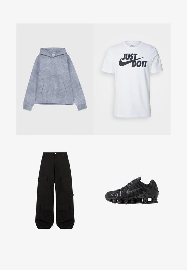 Sweat-shirt à capuche gris en tissu texturé. Comprend une poche frontale et des manches à poignets. Design minimaliste sans logos visibles.; T-shirt en coton blanc avec un logo noir "Just Do It" bien en vue et le swoosh de Nike. Design classique à col rond avec des manches courtes.; Pantalons cargo noirs en coton durable avec une coupe décontractée. Comprend plusieurs poches utilitaires et un design à jambes droites.; Chaussures de sport noires en mesh et matériaux synthétiques, présentant un design ondulé distinct, une semelle en caoutchouc noire et des accents réfléchissants.