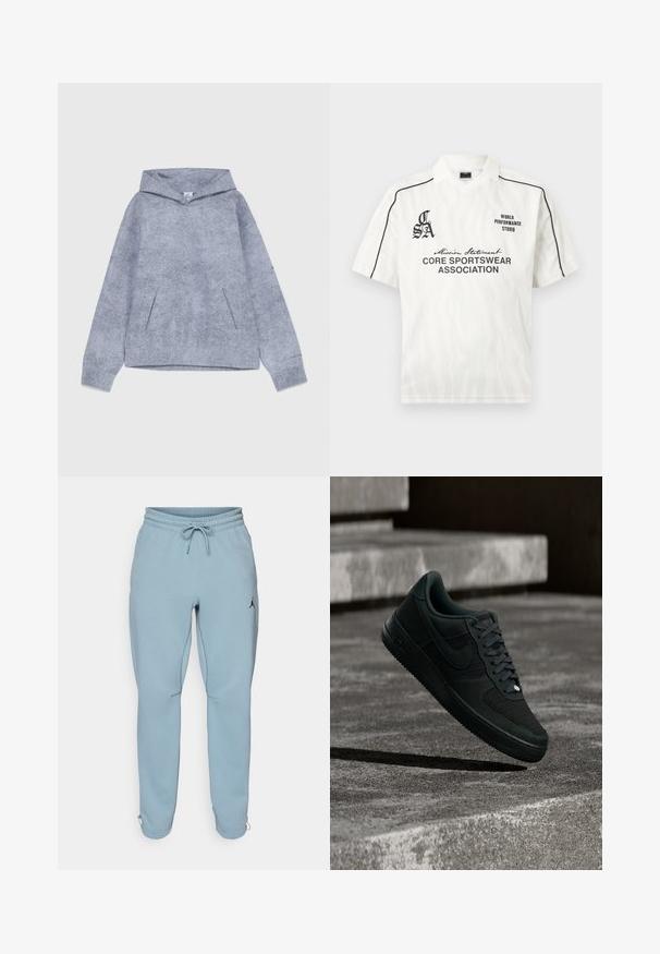 Sudadera con capucha gris fabricada con tejido texturizado. Presenta un bolsillo frontal tipo canguro y mangas con puños. Diseño minimalista sin logotipos visibles.; Polo deportivo blanco de manga corta con ribetes negros en los hombros, sutil patrón de cebra y logotipos en texto negro que dicen "Asociación de Ropa Deportiva Core" y "Estudio de Rendimiento Mundial".; Pantalones deportivos de un azul claro, confeccionados en una tela suave, con una waistband elástica y cordón, bolsillos laterales y un pequeño logo negro en el muslo.; Zapatilla Nike Air Force 1 negra con detalles de malla y cuero, suspendida sobre unos escalones de concreto texturizado con poca iluminación.