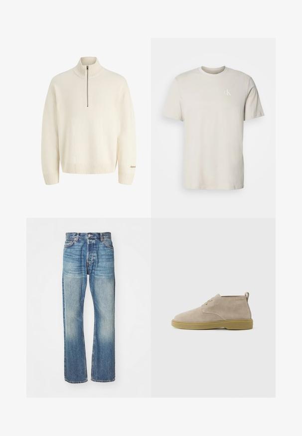 Jersey de manga larga color crema con cuello alto acanalado, cierre de media cremallera y puños y dobladillo acanalados, con un pequeño texto bordado en la manga.; Camiseta beige de algodón con cuello redondo y mangas cortas, con pequeño logo blanco "cK" en el lado izquierdo del pecho.; Jeans de mezclilla azul claro con un diseño clásico de pierna recta, acabado desgastado y costuras visibles en toda su extensión. Presenta bolsillos frontales y trabillas para cinturón.; Zapato de ante beige de altura hasta el tobillo, con cordones y suela de goma marrón claro, con tira en la parte trasera del talón, logo de Calvin Klein cerca del cuello.
