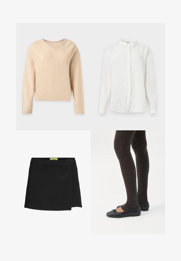Beige trui met lange mouwen, een gestructureerd gebreid patroon en een V-hals, weergegeven tegen een effen lichte achtergrond.; Wit crinkle overhemd met lange mouwen, puntkraag en voorste knoopsluiting, tentoongesteld tegen een effen achtergrond.; Zwarte wikkelrok van gladde stof, met een hoge taille en een zijschuif. Label is zichtbaar in een contrasterende felgele kleur.; Benen met donkere geribbelde leggings gecombineerd met zwarte ballerina's met kleine strikdetails op een witte achtergrond.