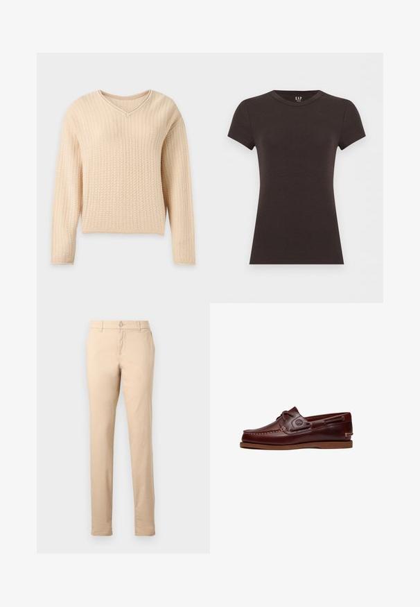 Beige langærmet sweater med tekstureret strikkemønster og V-hals, vist mod en ensfarvet lys baggrund.; Sort kortærmet tætsiddende T-shirt med rund hals og GAP-logo indeni kraven på en lys baggrund.; Beige slim-fit bukser med bærestropper, knaplukning foran og sidelommer, vist på en ensartet lys baggrund.; Brun læder bådsko med snørre, syningsdetaljer og Timberland-logo på siden, vist på en hvid baggrund.