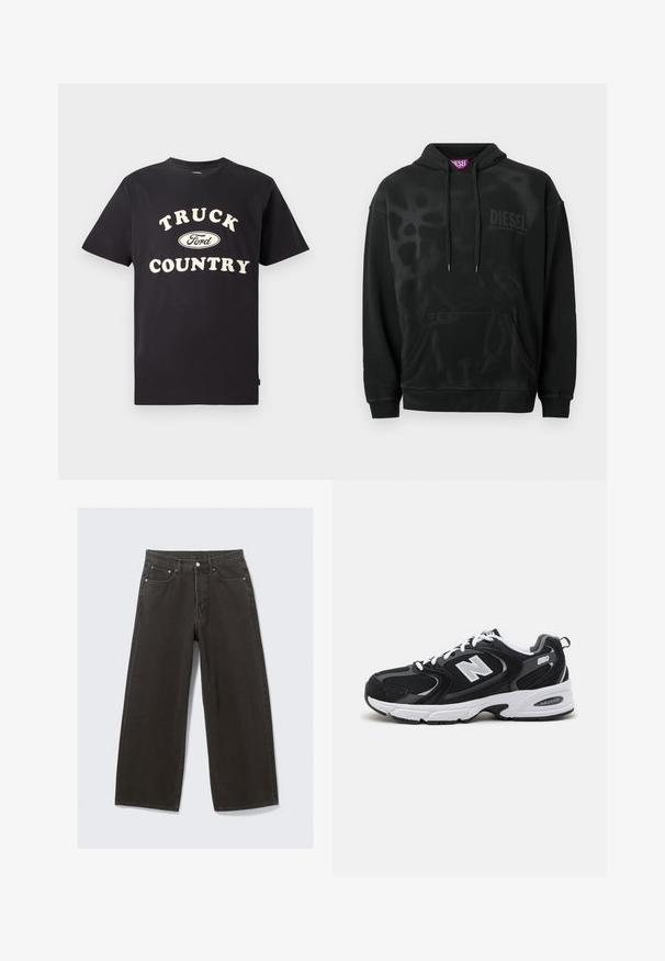 Sort hættetrøje med klassisk design, der har en frontlomme, snøretræk i hætten og et diskret tonalt tryk med "DIESEL." Glat tekstur, afslappet pasform.; Sort bomulds t-shirt med korte ærmer, der har teksten "TRUCK COUNTRY" i cremefarvet og et Ford-logo designet centralt foran.; Bredde ben sorte denim jeans har høj talje, fem-lomme design og knaplukning foran. Stoffet har en blød, tekstureret overflade.; Sorte og grå sportssko med mesh og ruskind på overdelen, der har en hvid mellemsål, snørebånd og et iøjnefaldende "N" logo på siden.