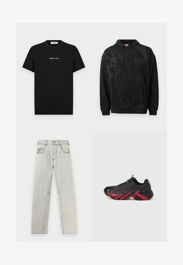 Sweat à capuche noir au design classique, avec une poche avant, une capuche à cordon de serrage, et une impression ton sur ton discrète de "DIESEL." Texture lisse, coupe décontractée.; T-shirt en coton noir à manches courtes et col rond, arborant un logo blanc "REPLAY" centré sur la poitrine.; Jean en denim bleu clair coupe droite, avec des coutures contrastées, deux poches avant et des détails usés sur le tissu.; Chaussure de sport noire et rouge avec une tige texturée ornée de motifs, fermeture à lacets et semelle épaisse en caoutchouc.