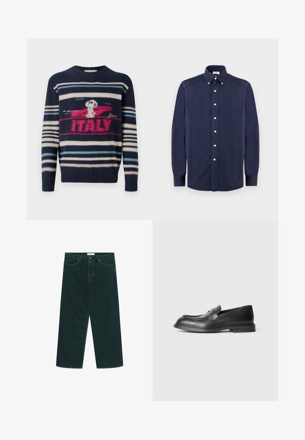 Iceberg MAGLIA GIROCOLLO - Striktrøje - blu classico; Marineblå langærmet skjorte med knapper lavet af bomuld, med en klassisk krave, hvide knapper og en glat tekstur.; Mørkegrønne vidde denimjeans med knap- og lynlås lukning, forlommer og bæltestropper, liggende fladt på en hvid baggrund.; Sorte læder loafers med en struktureret finish, der har en dekorativ frontrem og en rundet tå. Gummisål for holdbarhed.