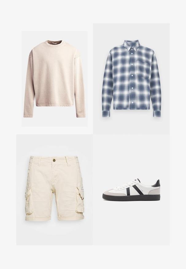 Sweatshirt beige clair avec col rond, manches longues et coupe décontractée. Tissu lisse avec des coutures visibles le long de l'ourlet et des poignets.; Chemise en flanelle à carreaux bleus et blancs avec manches longues, boutonnage sur le devant, col et une poche poitrine unique. Texture douce, design décontracté.; Shorts cargo beiges avec deux poches latérales, un ourlet roulé, une fermeture à bouton et des passants de ceinture. Fabriqués en tissu léger et texturé.; Baskets blanches avec des accents noirs et gris, présentant un embout texturé gris, une semelle en caoutchouc noir et des lacets plats blancs. Design épuré, style minimaliste.