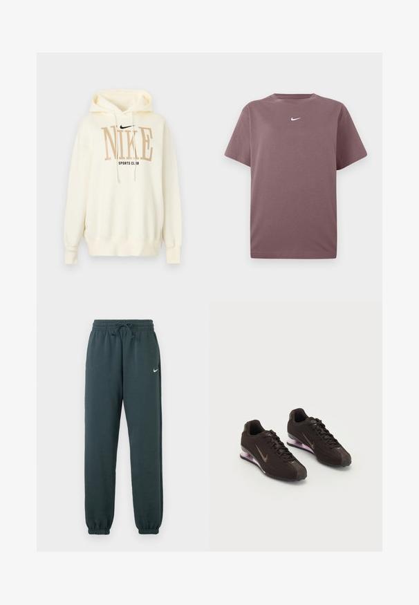 Cremefarbiger Nike Hoodie mit vorderen Kordeln, großem beigen "NIKE" Schriftzug, kleinerem schwarzen "SPORTS CLUB" Schriftzug und schwarzem Nike Swoosh-Logo.; Ein einfarbiges mauve T-Shirt mit kurzen Ärmeln und Rundhalsausschnitt, mit einem kleinen weißen Nike-Swoosh in der Mitte der Brust, auf weißem Hintergrund präsentiert.; Dunkelgrüne Nike Jogginghose aus weichem Material, mit einem elastischen Bund und verstellbarem Kordelzug sowie gerippten Säumen.; Schwarze Sportschuhe mit einer strukturierten Oberseite, braunen Akzenten und einer lila luftgepolsterten Sohle. Schnürdesign mit auffälliger Markenkennzeichnung.