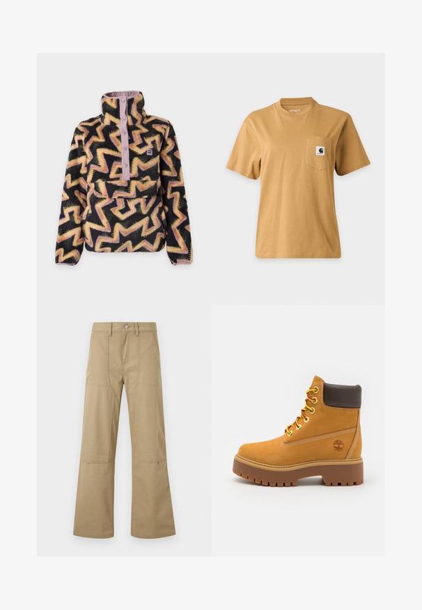 Pull polaire à col montant avec boutons-pression, base noire avec motif zigzag jaune et rose, et poche kangourou à l'avant.; T-shirt marron uni à manches courtes avec une poche poitrine présentant un patch carré avec le logo de la marque, affiché sur un fond clair uni.; Pantalon beige taille haute à jambes larges avec poches plaquées à l'avant, passants pour ceinture et fermeture à boutons. Tissu simple et durable avec coutures visibles.; Bottine chevauchant la cheville en tan imperméable avec une semelle en caoutchouc robuste, un bout rond, un col en cuir brun, des lacets jaunes et un logo sur le côté.