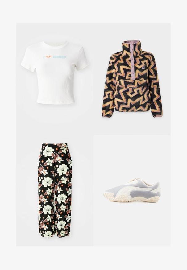 Fleece pullover met hoge kraag en drukknopen, zwarte basis met geel en roze zigzagpatroon en een voorzak.; Witte cropped T-shirt van katoen, met een oranje hartje en "SURF" in lichtblauwe print op de voorkant. Korte mouwen, ronde hals.; Zwarte bloemenbroek met grote witte, oranje en bruine bloemen, een loose fit met brede pijpen en gemaakt van zachte, lichte stoffen.; Sportschoen in lichtgrijs suede met witte leren accenten. Heeft een gestructureerde zool met kleine spikes voor grip. Instapontwerp.