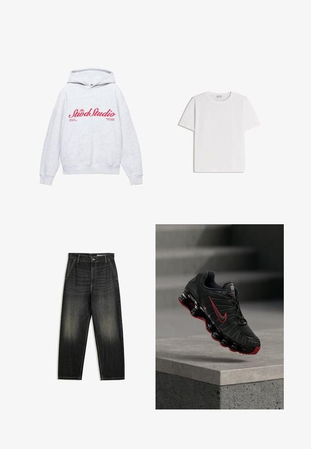 Grå hættetrøje lavet af tekstureret stof med en forlommekanguru, snøre i hætten og fed rød trykt tekst på brystet.; Hvid bomuld T-shirt med rund halsudskæring og korte ærmer. Har en klassisk, firkantet form uden synlige mønstre eller detaljer.; Sorte udtonede denimjeans med lige ben, forlommer, bæltestropper og knaplukning ved taljen.; Sort og rød Nike atletiksko med synlig fjederlignende sål balancerende på kanten af et betontrin.
