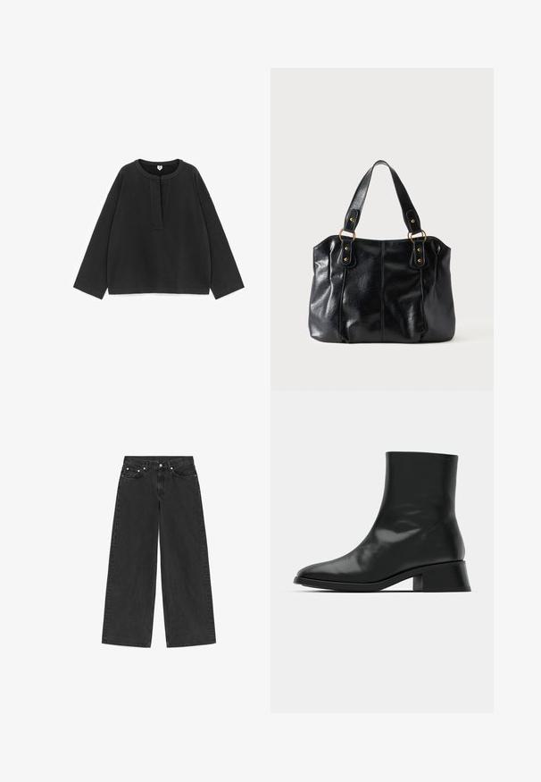 Sweat-shirt noir à manches longues avec un col rond et une courte patte de boutonnage. Confectionné dans un tissu doux à la texture lisse et avec une coupe décontractée.; Jean noir à jambes larges avec cinq poches, fermeture à bouton et passants pour ceinture, présenté à plat sur un fond blanc.; Bottine noire en cuir brillant, au design épuré, avec un bout pointu et un petit talon bloc pour plus de stabilité.; Sac à épaule en cuir noir avec double anses attachées par des anneaux et rivets dorés, surface lisse et légèrement brillante, design simple.
