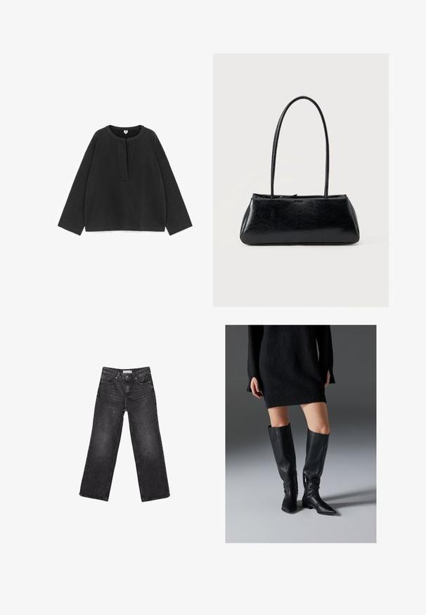Sort, langærmet sweatshirt med rund hals og kort knapstolpe. Fremstillet af blødt stof med en glat tekstur og en afslappet pasform.; Sorte denimjeans med brede ben, for- og baglommer, knaplukning og bæltestropper, lagt fladt på en hvid baggrund.; Sorte læderstøvler over knæet med spidse tæer, flade såler og lynlåse i siden. Glat tekstur, elegant design uden pynt.; Sort rektangulær skuldertaske med lange tynde stropper og en glat, blank tekstur på en ensfarvet baggrund.