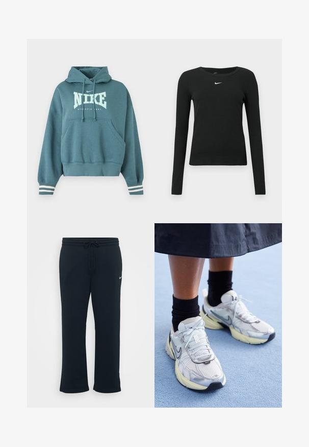 Turkis Nike hættetrøje med frontlomme, snørejusteret hætte, hvid "NIKE ATHLETIC DEPT." logo og hvide stribede ærmekanter.; Sort, langærmet tætsiddende top lavet af ribbet stof, med rund halsudskæring og et diskret hvidt Nike-logo på brystet.; Sorte sweatpants med elastisk talje og justerbar snor. Har et lille hvidt Nike-logo på venstre side. Blød stofstruktur.; Hvide og sølv Nike sneakers med mesh-stof, reflekterende detaljer og en beige sål. Bæres med sorte sokker og står på en blå overflade.