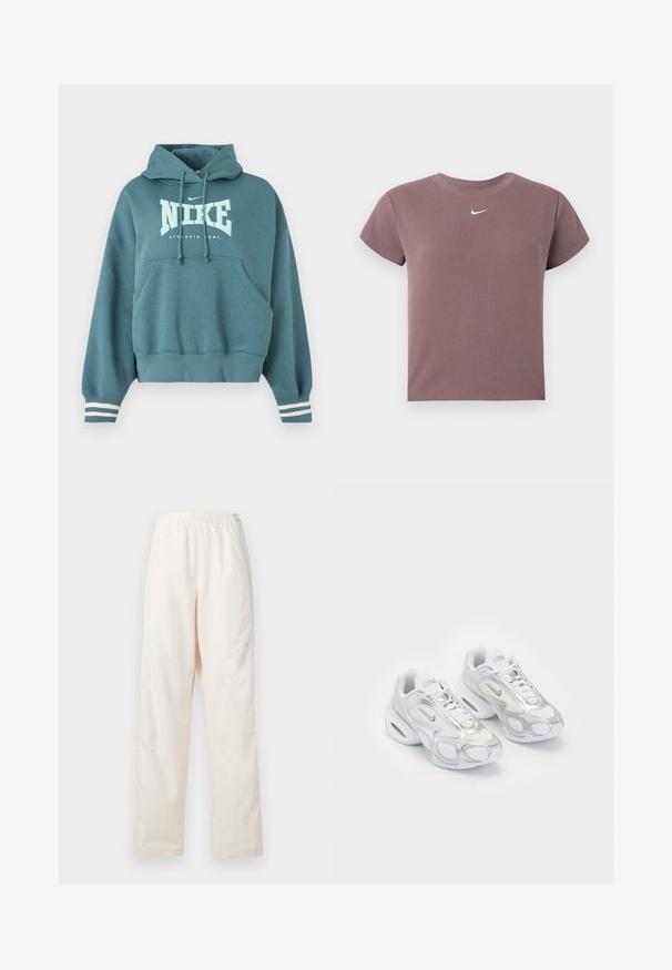 Sinakasroheline Nike dressipluus ees tasku, nööriga kapuuts, valge "NIKE ATHLETIC DEPT." logo ja valged triibulised varrukaotsad.; Lillakas ribaga lühikeste varrukatega lühikene topp, millel on ümar kaelus ja väike valge Nike logo, mis on paigutatud kaeluse alla keskele.; Löödilt istuvad, elastse vöökohaga kreemivärvi püksid sirge sääre lõikega, esitletud tavalise valge tausta ees.; Valged spordijalatsid, millel on võrgust ülemine osa, hõbedased aktsendid, ainulaadne kuju ja õhupehmendus kandades. Sidekummiga disain koos logoga.