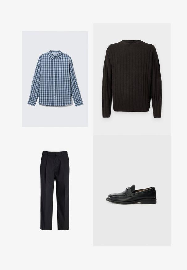 Pull en tricot gris foncé avec col rond, présentant une texture côtelée verticale et des manches longues, offrant une coupe décontractée.; Chemise à manches longues à carreaux bleus et blancs avec col, boutonnage et manches à poignets. Tissu en coton avec une texture lisse.; Pantalon noir à jambes droites avec taille, passants de ceinture, fermeture éclair à l'avant et poches latérales, présenté sur fond blanc.; Mocassins en cuir noir avec une finition lisse, dotés d'une bande supérieure texturée, d'un talon bas et de détails de couture minimalistes.