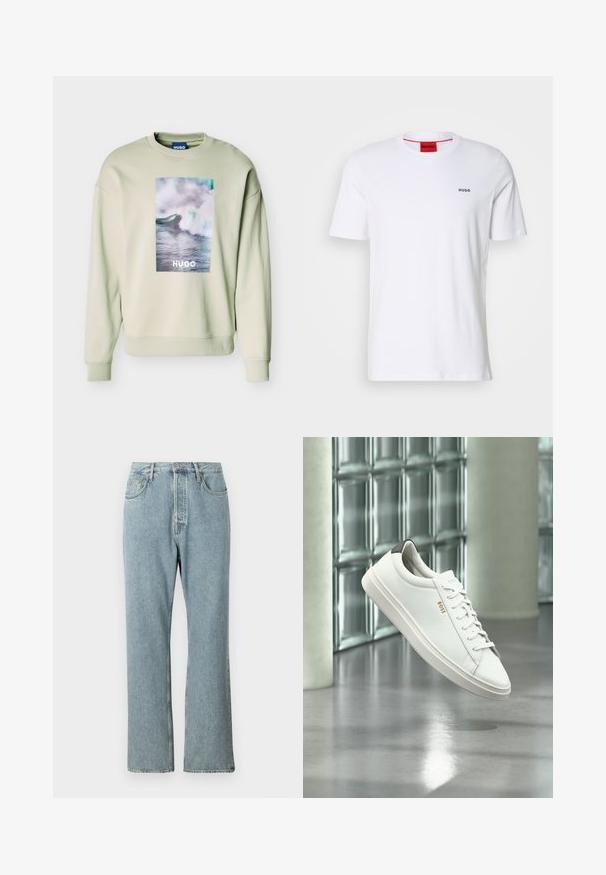 Sweatshirt beige clair avec un grand graphique rectangulaire de vague océanique et le texte "HUGO" centré sur le devant, poignets et ourlet côtelés.; T-shirt en coton blanc à manches courtes, avec un col rond et un petit logo noir "HUGO" sur la poitrine gauche. Étiquette intérieure rouge au niveau du col.; Jeans en denim bleu clair à taille haute, avec des jambes droites larges et des coutures simples. Comprend cinq poches et une fermeture à bouton classique.; Baskets basses en cuir blanc avec lacets, languette de talon noire et logo « BOSS », flottant à l'intérieur près d'un mur en blocs de verre et d'un sol poli.