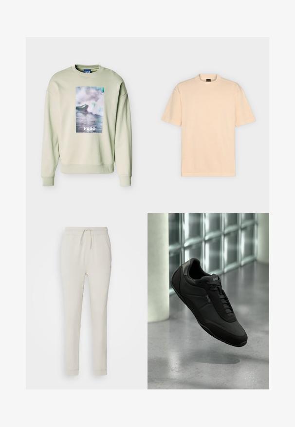 Sweatshirt beige clair avec un grand graphique rectangulaire de vague océanique et le texte "HUGO" centré sur le devant, poignets et ourlet côtelés.; T-shirt beige uni à manches courtes avec col rond et étiquette BOSS à l'intérieur du col arrière, présenté sur un fond gris clair.; Pantalons de survêtement beige clair en tissu doux et texturé. Dotés d'une taille à cordon de serrage, de poignets côtelés et de poches latérales. Coupe ajustée.; Baskets BOSS en cuir noir avec lacets, flottant au-dessus d'un sol en béton réfléchissant et d'un mur en blocs de verre en arrière-plan.