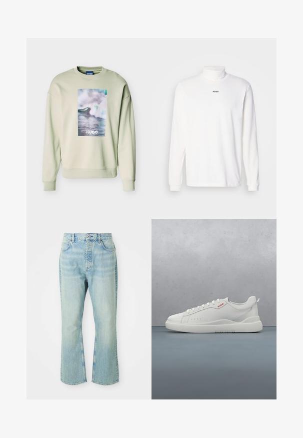 Lysebeige sweatshirt med en stor rektangulær grafik af en havbølge og teksten "HUGO" centreret på forsiden, med ribstrikkede manchetter og kant.; Hvid langærmet turtleneck trøje lavet af blødt stof, med et diskret sort "HUGO" logo på forsiden og tætsiddende manchetter.; Lysblå denim flared jeans med høj talje, der har fem lommer, bæltestropper og en toned vævning.; Hvide sneakers med en glat læderfinish, rund tå, fire snørehuller, subtile perforeringer og en rød logo detalje på siden.