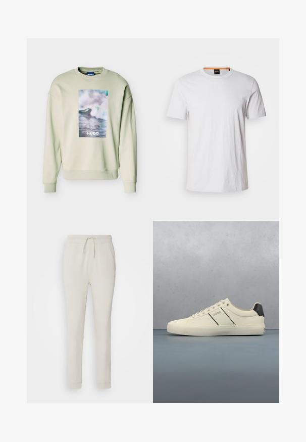 Lysebeige sweatshirt med en stor rektangulær grafik af en havbølge og teksten "HUGO" centreret på forsiden, med ribstrikkede manchetter og kant.; Hvid kortærmet t-shirt lavet af blødt bomuld, med rund halsudskæring og subtil logo-detalje i matchende hvid på fronten.; Lys beige sweatpants lavet af blødt, tekstureret stof. Har en snørre i taljen, ribbede manchetter og sidelommer. Skræddersyet pasform.; Cremefarvede sneakers med en glat tekstur, der har sorte accenter og branding. Klassisk snørebåndsdesign med rund tå og gummisål.
