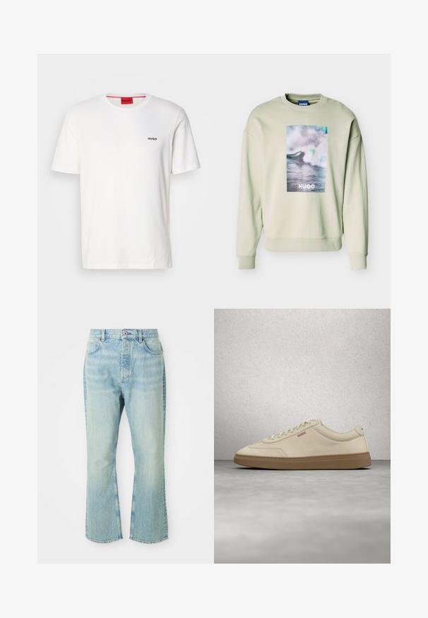 Sudadera beige claro con un gran gráfico rectangular de una ola oceánica y el texto "HUGO" centrado en el frente, con puños y dobladillo acanalados.; Camiseta de algodón blanca de cuello redondo y mangas cortas, con un pequeño logo negro "HUGO" en el lado izquierdo del pecho y una etiqueta roja de contraste en el interior.; Jeans de mezclilla de color azul claro, acampanados y de cintura alta, con cinco bolsillos, trabillas para el cinturón y un acabado desgastado.; Zapatilla de ante beige claro con suela de goma color caramelo, cordones prominentes y detalles de costura sutiles. Diseño limpio con una estética minimalista.