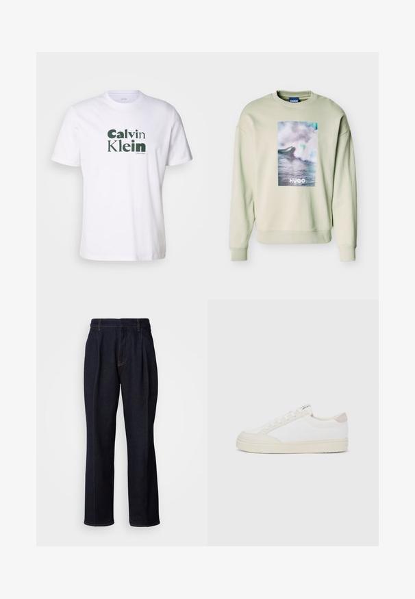 Lichtbeige sweatshirt met een grote rechthoekige oceaangolfgrafiek en de tekst "HUGO" gecentreerd op de voorkant, met geribbelde boorden en zoom.; Witte katoenen T-shirt met een groen "Calvin Klein"-logo gedrukt op de voorkant. Korte mouwen, ronde hals en reguliere pasvorm.; Donkerblauwe denim jeans met wijde pijpen, inclusief voorplooien en oranje stiksels, weergegeven op een witte achtergrond.; Witte sneaker met een gestructureerde canvas bovenzijde, gladde beige accenten bij de hiel en een rubberen zool. Voorzien van een afgeronde neus en een vetersluiting.