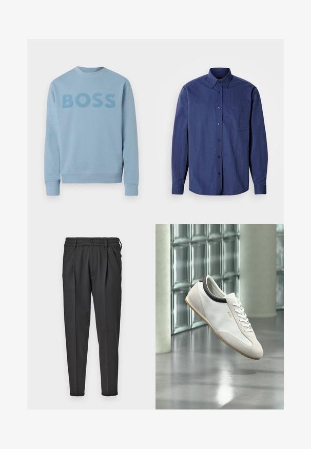 Lichtblauwe crewneck sweater met lange mouwen en het woord "BOSS" gedrukt over de borst in een iets donkerdere tint.; Donkerblauw overhemd met knopen, een puntige kraag, lange mouwen, een borstzak en subtiele geborduurde logo. Gladde, lichte stof.; Zwarte broek van gladde stof, met een geplooide voorkant, elastische tailleband en rechte pijpen met een taps toelopende onderkant.; Witte leren en suède sneaker met rubberen zool en zwarte kraagdetail, zwevend binnen nabij glazen blokmuur en betonnen zuil.