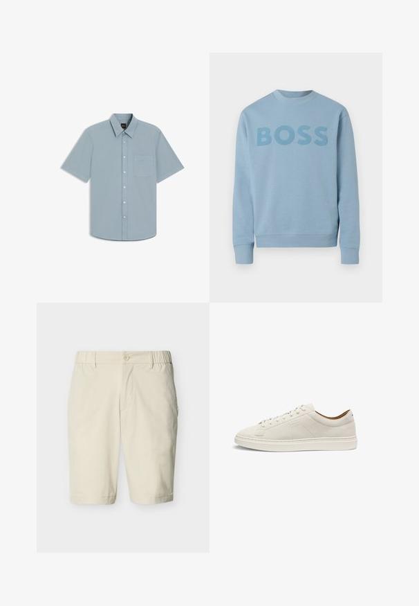 Sweat-shirt bleu clair à col rond avec manches longues et le mot "BOSS" imprimé sur la poitrine dans une teinte légèrement plus foncée.; Chemise bleu clair à manches courtes avec boutons, poche avant et col pointu, étalée à plat sur un fond blanc.; Shorts beige mi-longueur avec fermeture à bouton, bandes élastiques latérales à la taille, passants pour ceinture et poches latérales sur fond uni.; Baskets basses en daim beige avec lacets assortis, semelle plate, et logo "BOSS" discrètement embossé sur le côté, présentées en vue latérale.