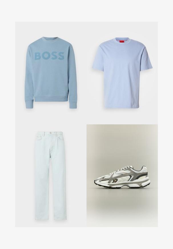 Sweat-shirt bleu clair à col rond avec manches longues et le mot "BOSS" imprimé sur la poitrine dans une teinte légèrement plus foncée.; T-shirt en coton bleu clair avec un col rond, des manches courtes et le logo HUGO embossé sur le devant. Texture lisse et coupe décontractée.; Jean droit bleu clair en denim, avec fermeture à bouton, décoloration subtile et design à cinq poches.; Chaussure de sport avec une tige en mesh blanc, des accents gris, une semelle en caoutchouc noire et un design épuré. Elle présente des lacets et des détails texturés.