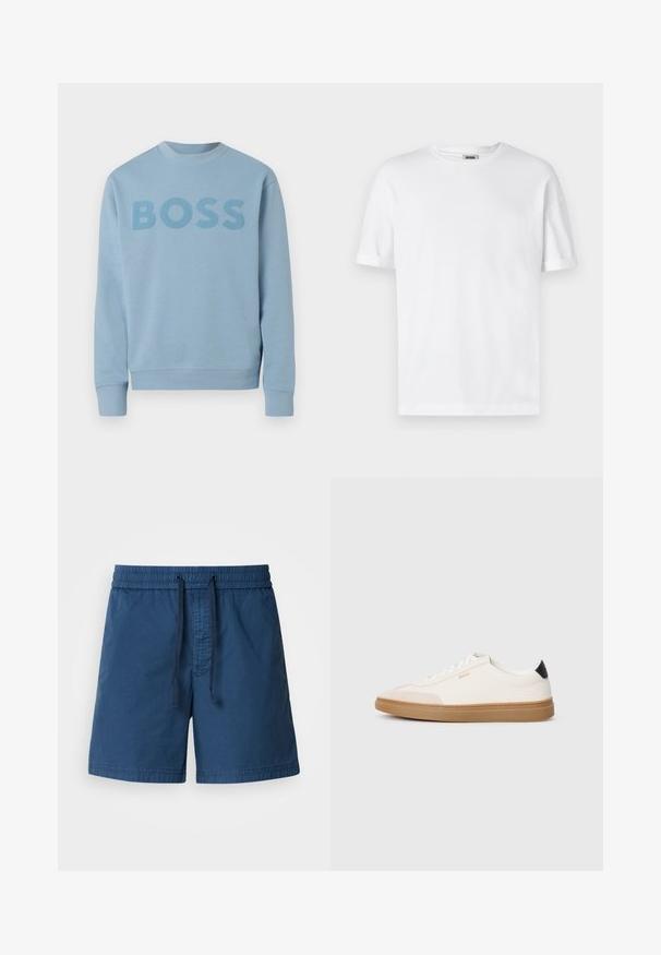Lichtblauwe crewneck sweater met lange mouwen en het woord "BOSS" gedrukt over de borst in een iets donkerdere tint.; Witte katoenen t-shirt met een ronde hals, korte mouwen en omgeslagen mouwen; ongecompliceerd ontwerp, zachte textuur en rechte snit.; Marineblauwe zwemshorts met een elastische tailleband, een trekkoordsluiting en een gestructureerde stof. Het ontwerp heeft een recht model en geen zakken.; Witte sneakers met beige accenten, bovenwerk van glad leer, ronde neus en rubberen gumzool, met een zwarte hieltab en subtiele branding.