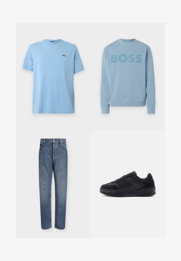 Sweat-shirt bleu clair à col rond avec manches longues et le mot "BOSS" imprimé sur la poitrine dans une teinte légèrement plus foncée.; T-shirt bleu clair à manches courtes en coton. Présente un col rond et un petit logo sombre positionné sur la partie gauche de la poitrine.; Jean droit en denim bleu avec taille haute, fermeture à boutons sur le devant et design à cinq poches sur un fond clair uni.; Baskets basses noires avec lacets à l'avant, panneaux latéraux texturés et semelle en caoutchouc épaisse, présentées de profil sur un fond uni.