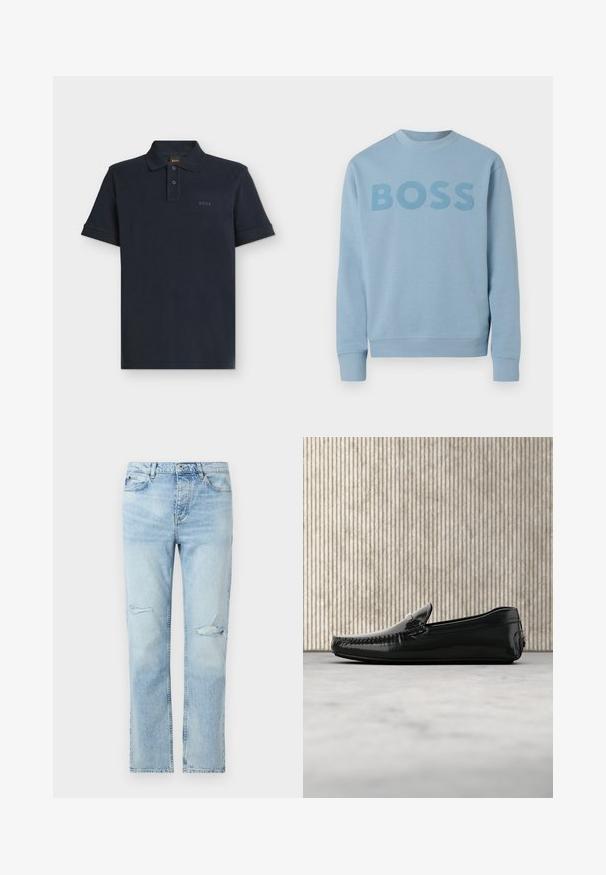 Helehall sinine pika varrukaga ümar kaelusega pusa, mille rinnal on veidi tumedamas toonis sõna "BOSS".; Tumesinine lühikeste varrukatega polo, millel on kahe nupuga nööpide plokk ja peen "BOSS" logo vasakul rinnal.; hele sinised teksad sirge lõikega, nööpidega kinnitatavad, esitaskutega ja väikeste kulunud rebenditega mõlemal reiel.; Mustad nahast loafers, millel on läikiv viimistlus, ümar varvas ja kaunistav riistvara ees. Madala profiiliga kummitald. Sujuv tekstuur.