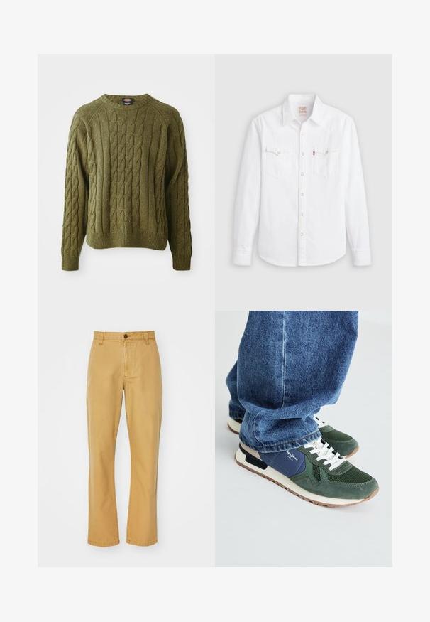 Suéter verde de punto trenzado con cuello redondo, patrón texturizado, puños y dobladillo acanalados, con motas de color a lo largo de la tela.; Camisa blanca de manga larga con botones, cuello puntiagudo, dos bolsillos en el pecho con solapas y botones a presión en el frente y los puños.; Chinos de algodón beige con corte recto, que presentan un cierre de botón, presillas para cinturón y detalles cosidos en el dobladillo.; Zapatillas verdes y navy con detalles de malla y ante, cordones blancos y suela beige. Llevadas con jeans de mezclilla azules, mostrando la zona del tobillo.