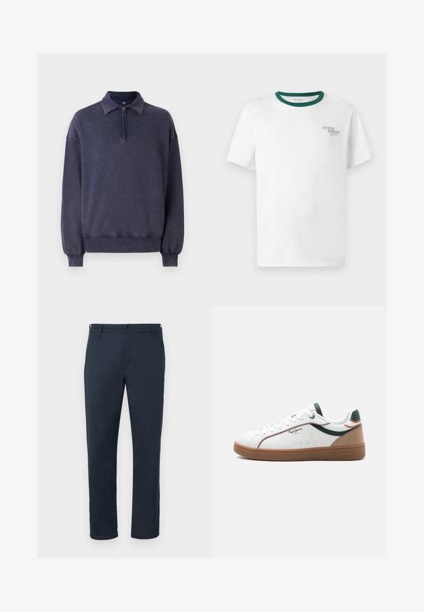 Sudadera azul navy con cuello semi-cremalleras, corte relajado y puños acanalados. Fabricada con material suave y con un acabado texturizado.; Camiseta blanca de algodón con un cuello redondo verde, que presenta un pequeño logo de "Cowboy Country" bordado en verde en el lado izquierdo del pecho.; Pantalones de algodón azul marino con un corte recto, bolsillos frontales, cierre de botón y trabillas para cinturón. Textura suave sin patrones visibles.; Zapatilla baja blanca con suela marrón, detalles en verde y beige, cordones blancos y el logo "Pepe Jeans London" en el lateral.