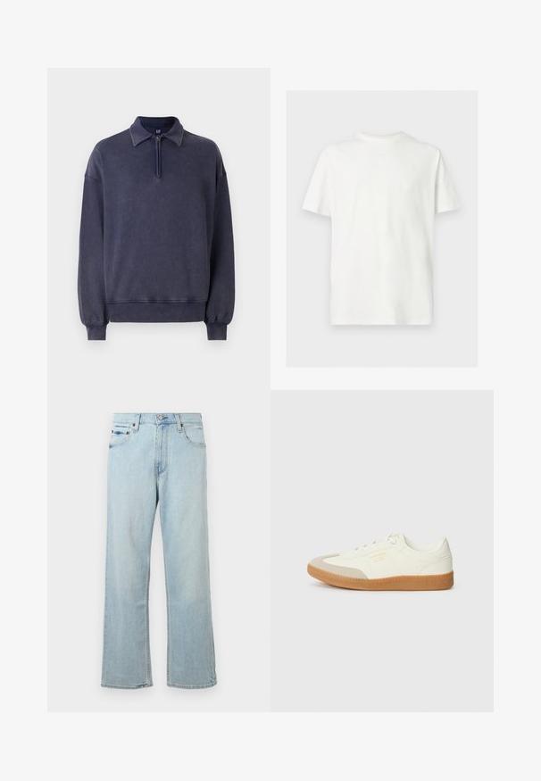 Navyblauwe sweatshirt met een halve rits kraag, relaxte pasvorm en ribgebreide manchetten. Gemaakt van zacht materiaal met een gestructureerde afwerking.; Wit T-shirt met korte mouwen en ronde hals in een losse pasvorm op een effen lichte achtergrond.; Lichtblauwe denim jeans met een losse, wijde pasvorm. Bevat vijf zakken, riemlussen en een ritssluiting met een knoopsluiting.; Schoen gemaakt van wit leer met een beige teenkap en een lichtbruine rubberen zool. Voorzien van platte witte veters en reliëfbranding aan de zijkant.