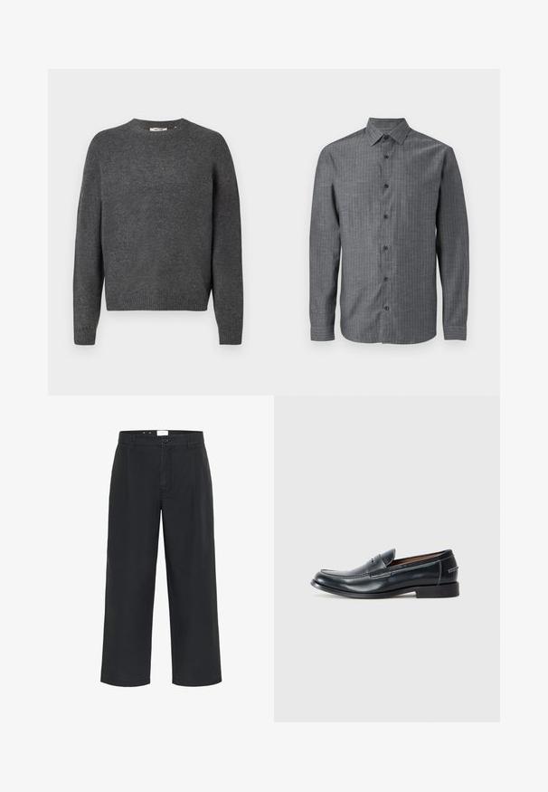 Dunkelgrauer Pullover aus weichem Strickmaterial, mit Rundhalsausschnitt, langen Ärmeln und geripptem Saum sowie Bündchen. Schlichte Gestaltung, ohne Muster.; Graues Hemd mit Knopfverschluss aus strukturiertem Stoff, mit Kragen, langen Ärmeln und einer durchgehenden Knopfleiste mit dunklen Knöpfen.; Matinique MACHINO PLEAT 73 - Stoffhose - black; Schwarze Lederlofer mit einer runden Zehenform, featuring weiße Nähte und einem leicht erhöhten Absatz. Glatte Oberfläche, einfaches Design.