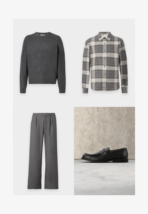 Mørkegrå sweater lavet af blødt strikkemateriale, med rund hals, lange ærmer og ribkant ved bund og ærmer. Enkel design, uden mønstre.; Langærmet ternet skjorte i sort og creme. Har knaplukning foran, klassisk krave og varierende ternede mønster. Blødt stof.; Grå vide benbukser lavet af glat stof, med en plisseret front, sidelommer og en skrædderlavet talje med bæltestropper.; Sort læderloafer med metalbrandskilt hvilende nær et brunt rundt bord på beige tæppe.