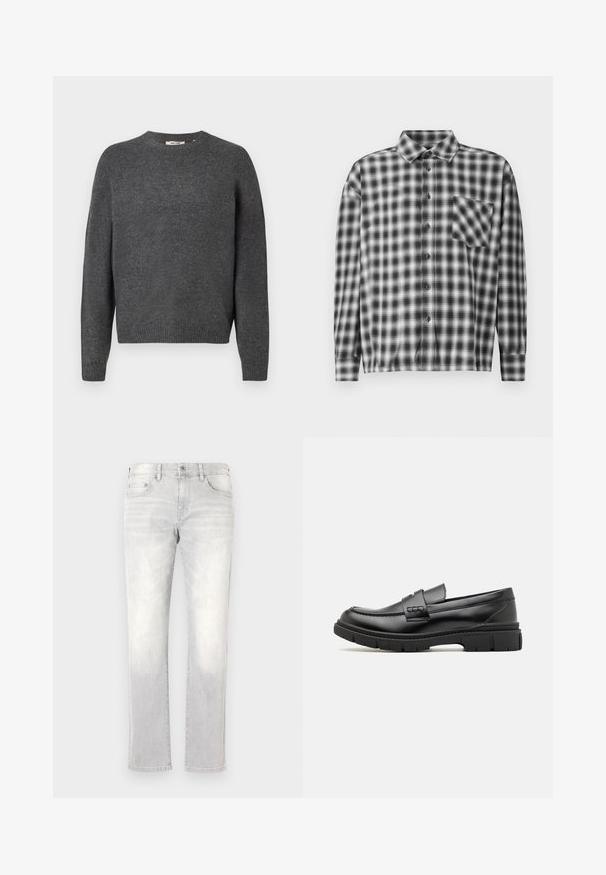 Dunkelgrauer Pullover aus weichem Strickmaterial, mit Rundhalsausschnitt, langen Ärmeln und geripptem Saum sowie Bündchen. Schlichte Gestaltung, ohne Muster.; Schwarz-weiße karierte Langarmbluse aus weichem Stoff, mit einer durchgehenden Knopfleiste und Brusttasche. Mit Kragen und lockerem Schnitt.; Helle graue Denim-Jeans mit geradem Schnitt, subtiler Ausbleichung, Fronttaschen und einer einzelnen Gesäßtasche. Klassischer Knopf- und Reißverschluss.; Schwarze Lederloafer mit einem breiten Riemen über dem Rist, Gummisohle mit dicken Profilen und glatter Textur. Klassisches, schlankes Design.